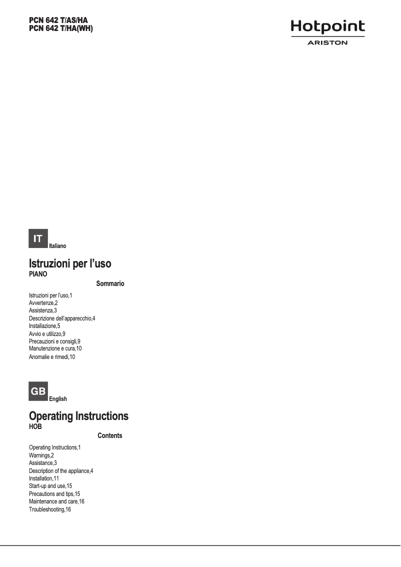 Página 1 del manual Manual de usuario Hotpoint Ariston PCN 642 T/AS/HA