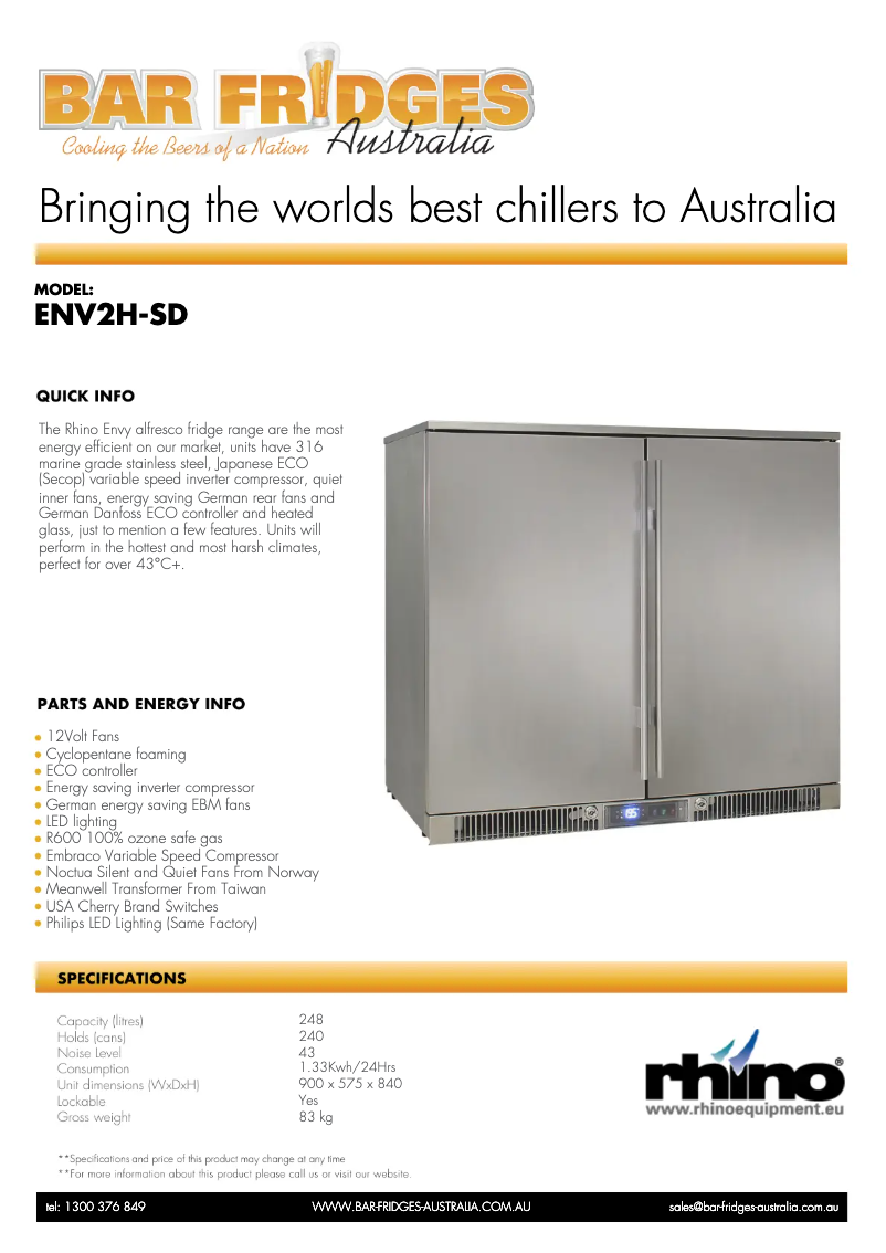 Page 1 de la notice Fiche technique Rhino ENV2H-SD
