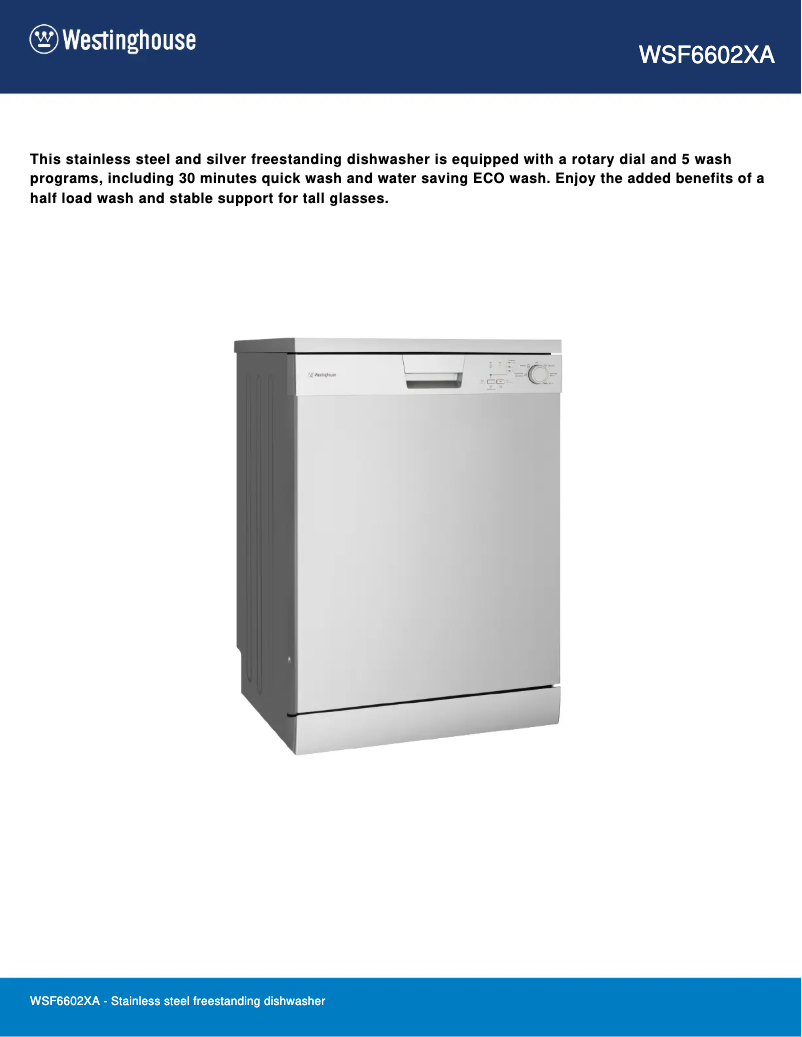 Page 1 de la notice Fiche technique Westinghouse WSF6602XA