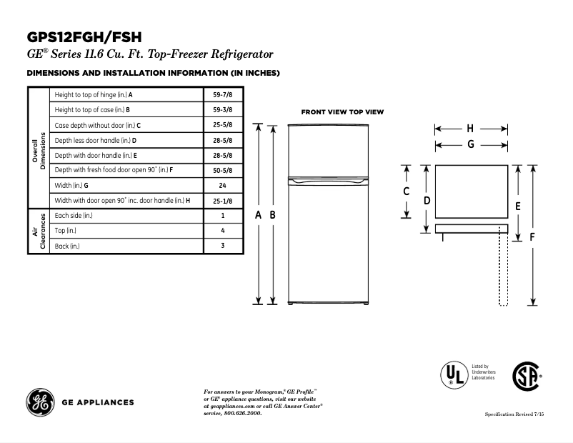 Page 1 de la notice Fiche technique GE GPS12FGHWW