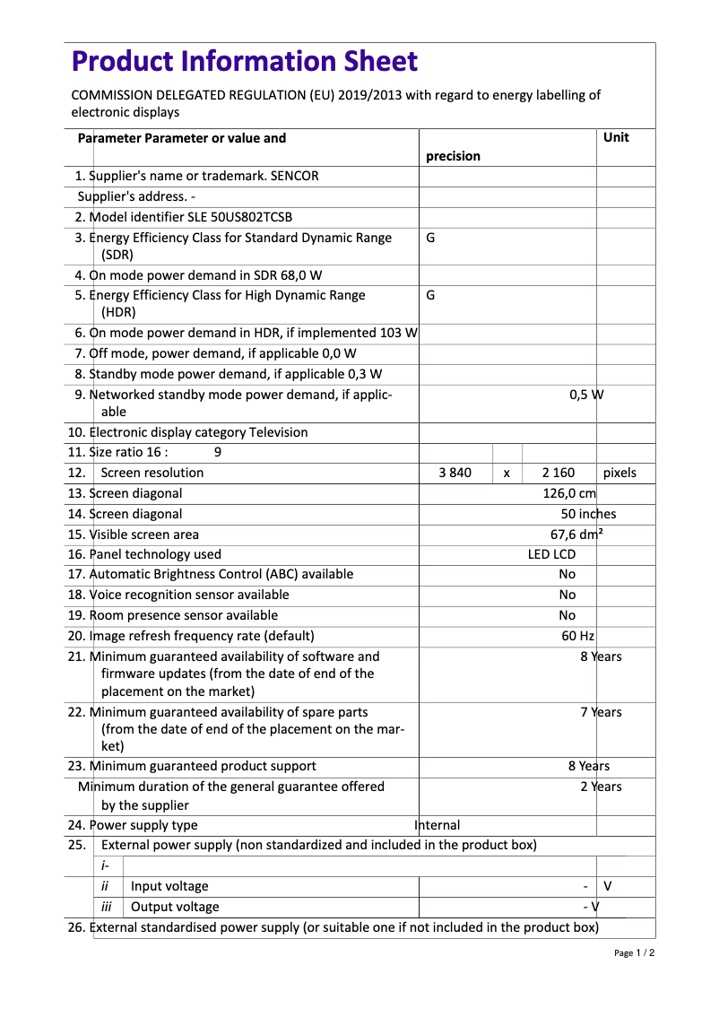 Página 1 del manual Ficha técnica Sencor SLE 50US802TCSB