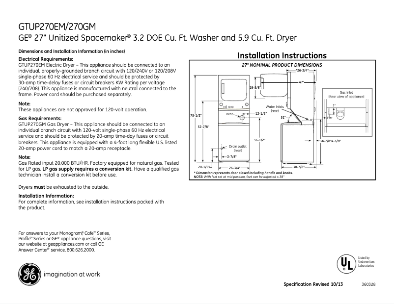 Page 1 of the manual Technical Sheet GE Spacemaker GTUP270GMWW