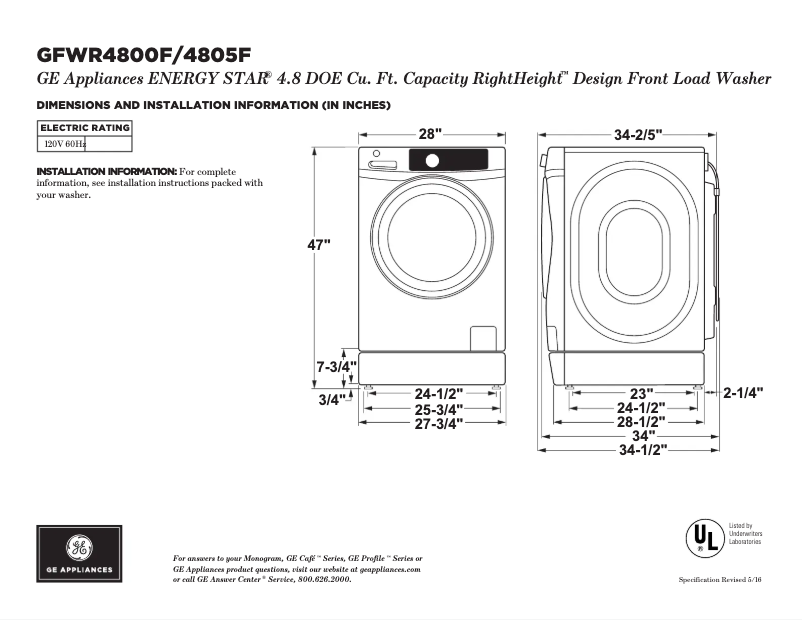 Page n°1 - Fiche technique GE GFWR4800FWW