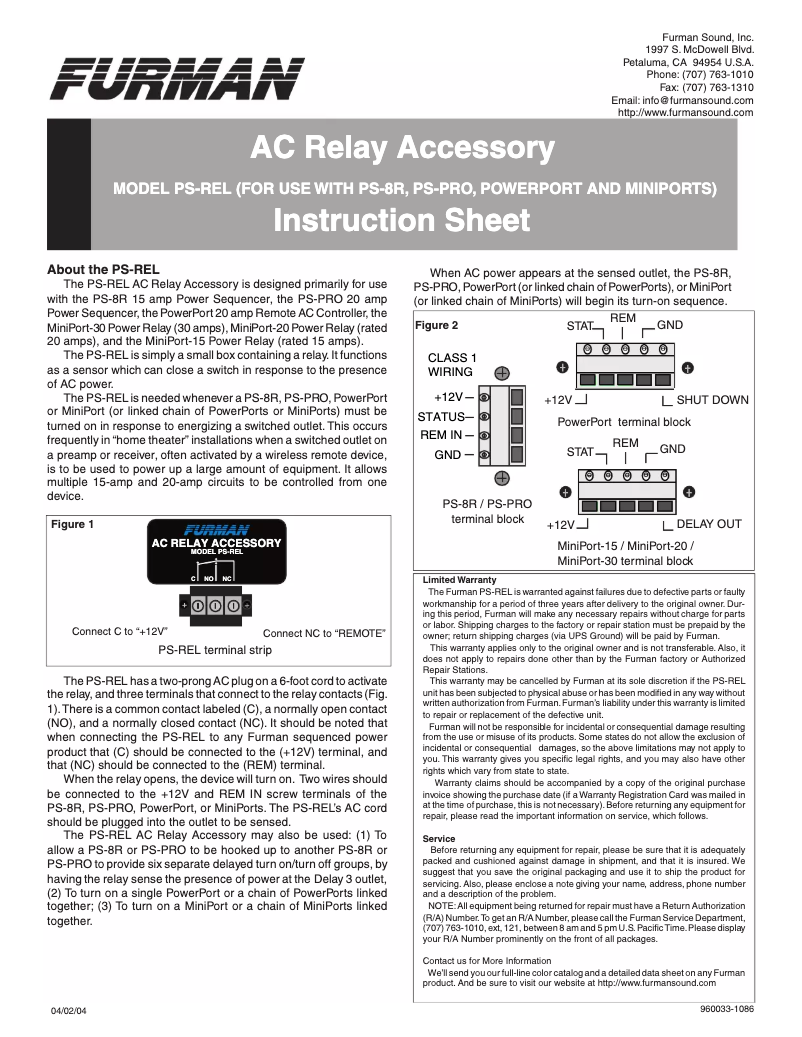 Page 1 de la notice Manuel utilisateur Furman PS-REL