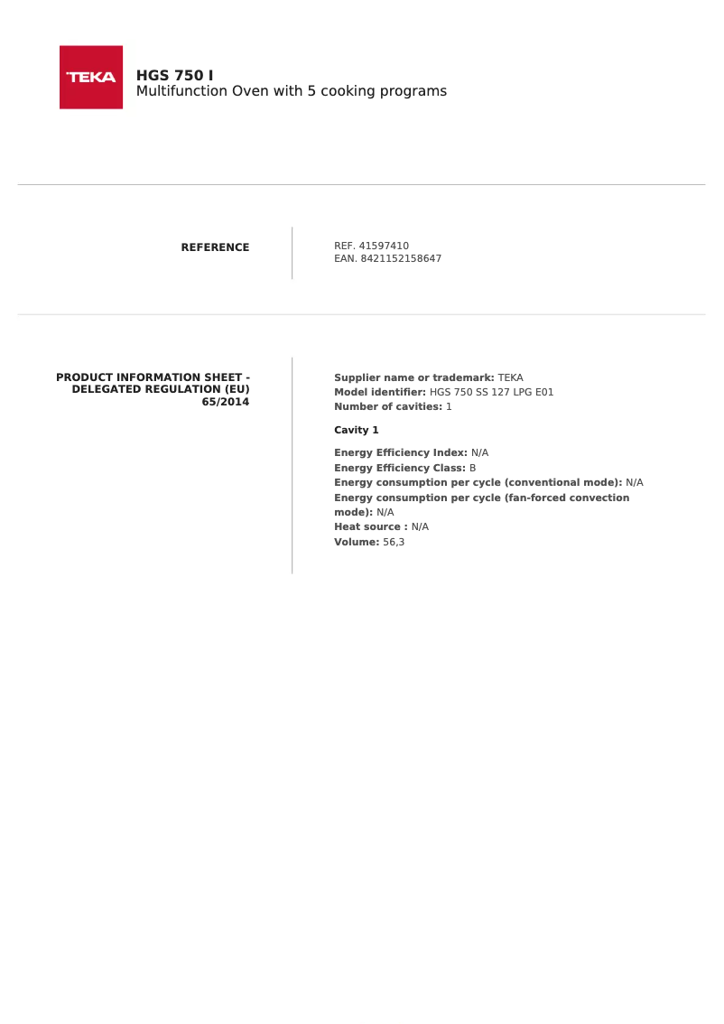 Page 1 de la notice Fiche technique Teka HGS 750