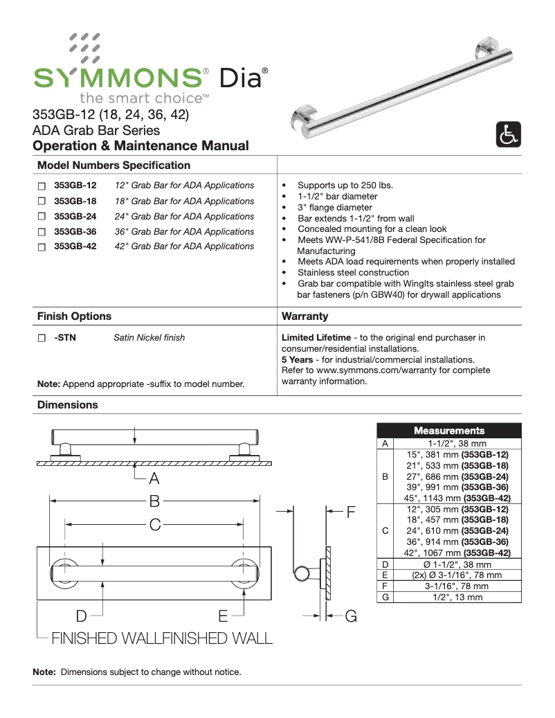 Page 1 de la notice Manuel utilisateur Symmons Dia 353GB-36