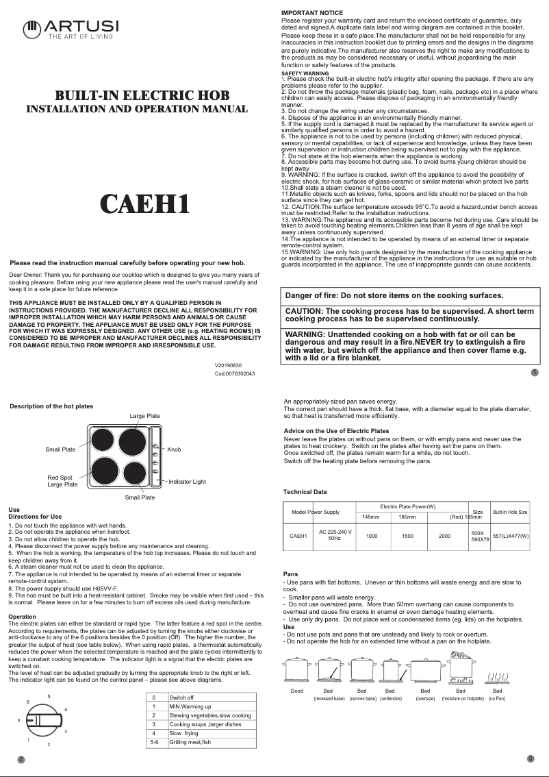 Page 1 de la notice Manuel utilisateur Artusi CAEH1