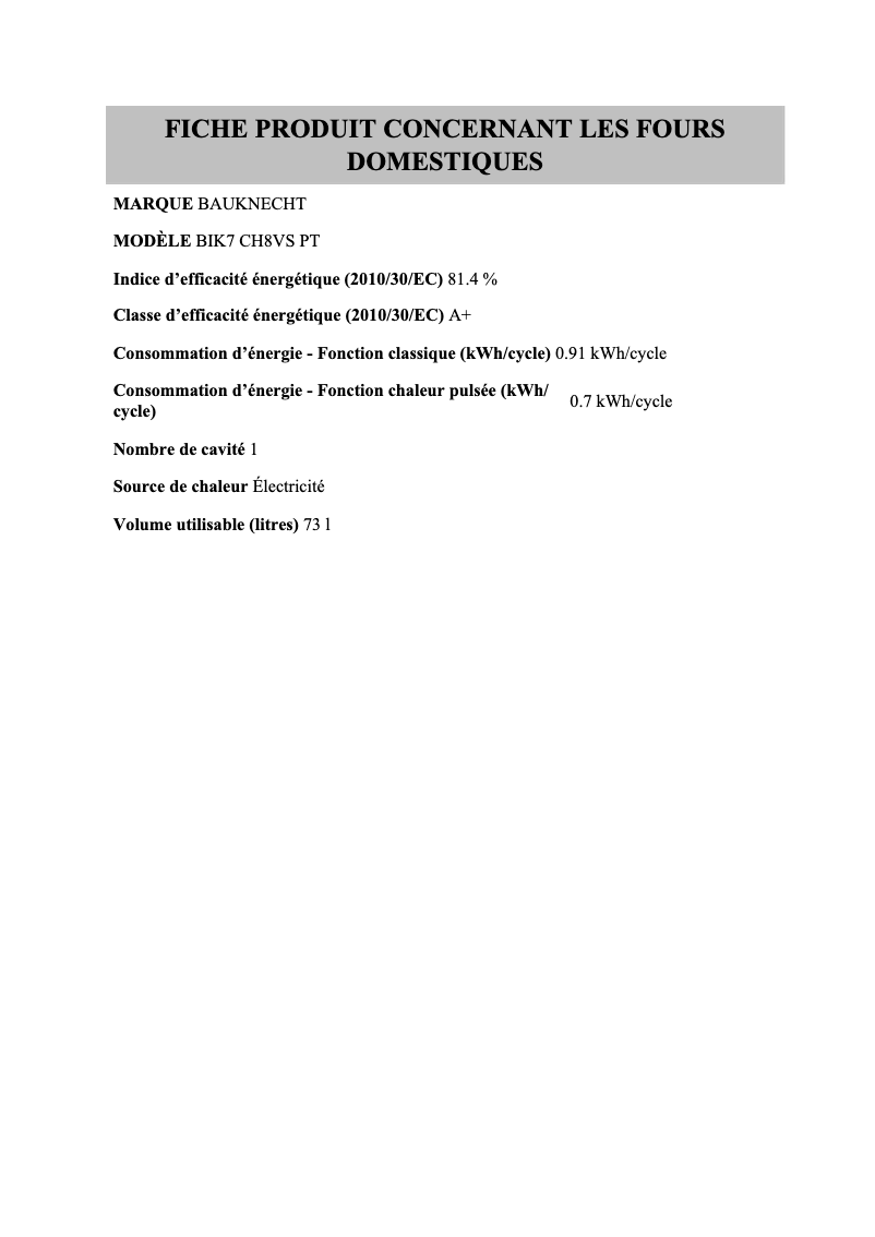 Page 1 of the manual Technical Sheet Bauknecht BIK7 CH8VS PT