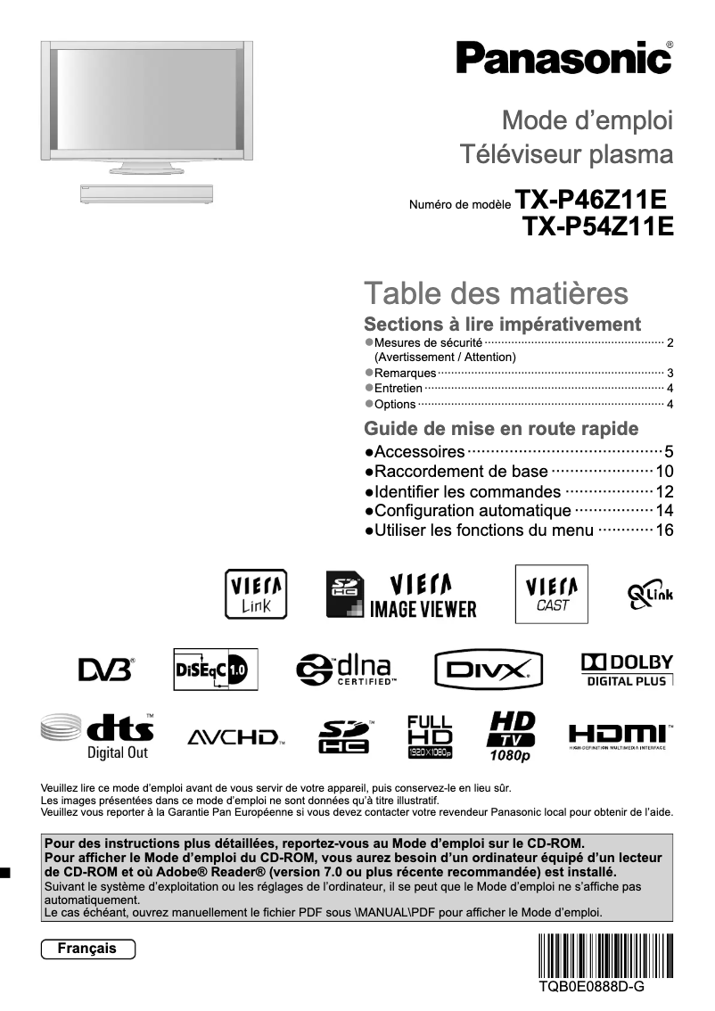 Page 1 of the manual User Manual Panasonic TX-P46Z11E