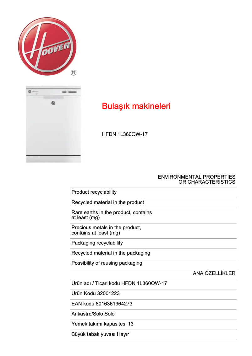 Page 1 de la notice Fiche technique Hoover HFDN 1L360OW-17