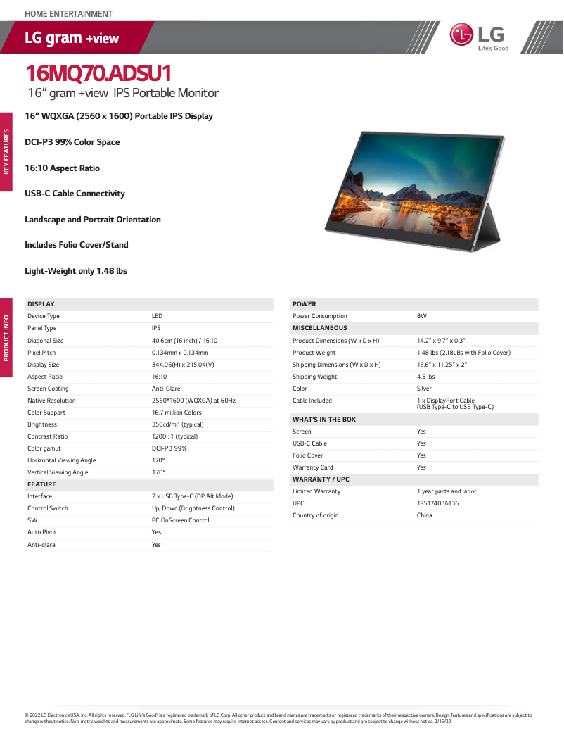 Page 1 de la notice Fiche technique LG Gran +View 16MQ70