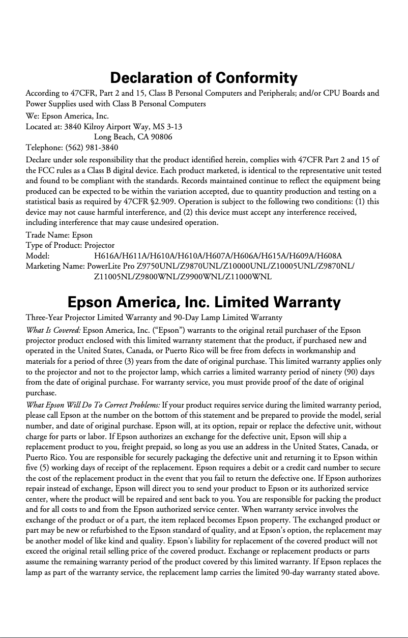 Page 1 of the manual Warranty Information Epson PowerLite Pro Z11000W