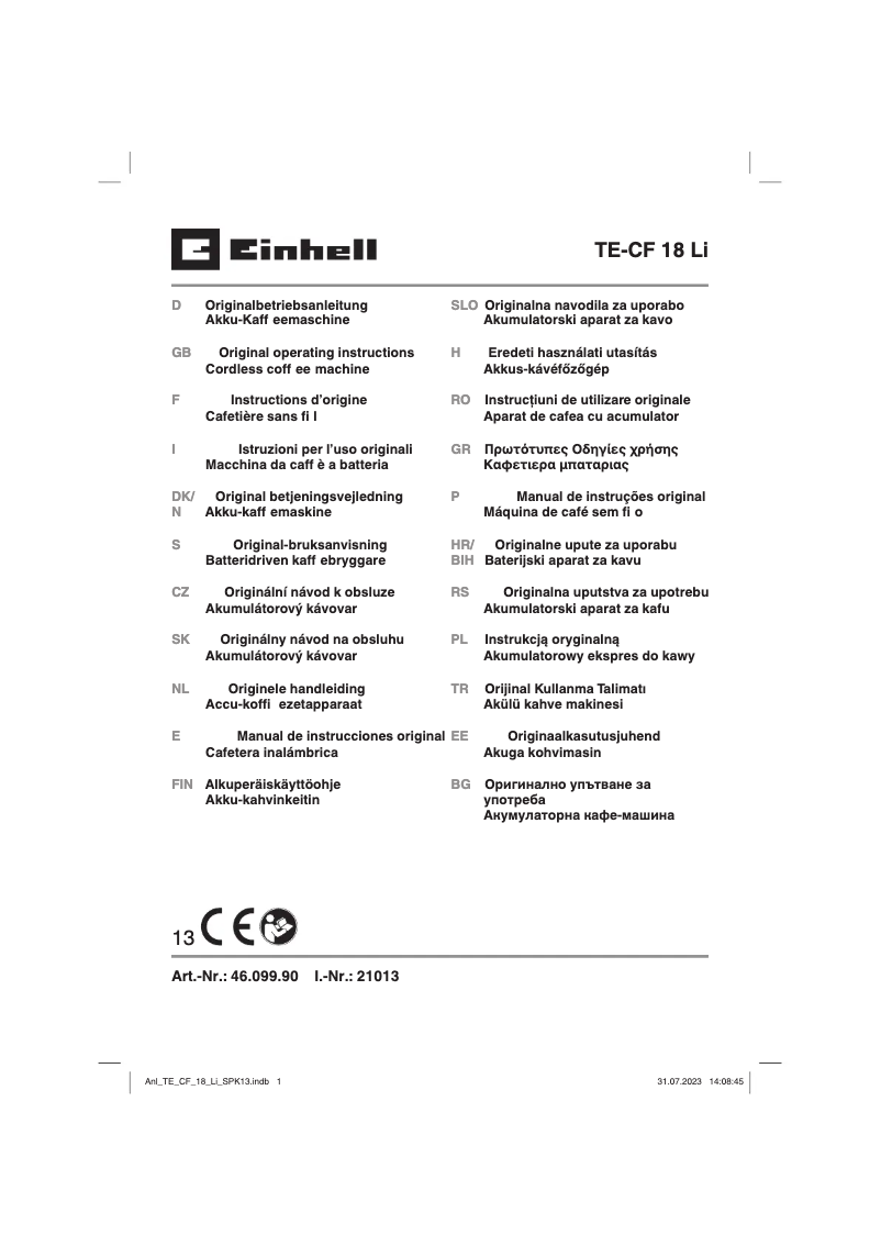 Page 1 de la notice Manuel utilisateur Einhell TE-CF 18 Li