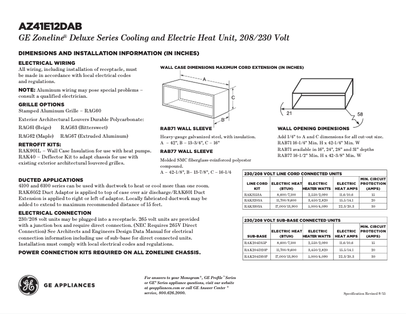 Page 1 of the manual Technical Sheet GE AZ41E12DAB