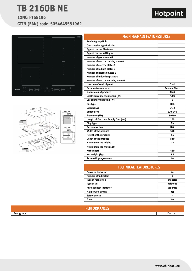 Página 1 del manual Ficha técnica Hotpoint TB 2160B NE