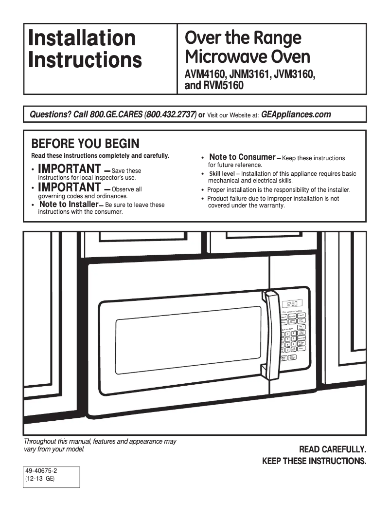 Page 1 de la notice Guide d'installation GE JVM3160DFBB
