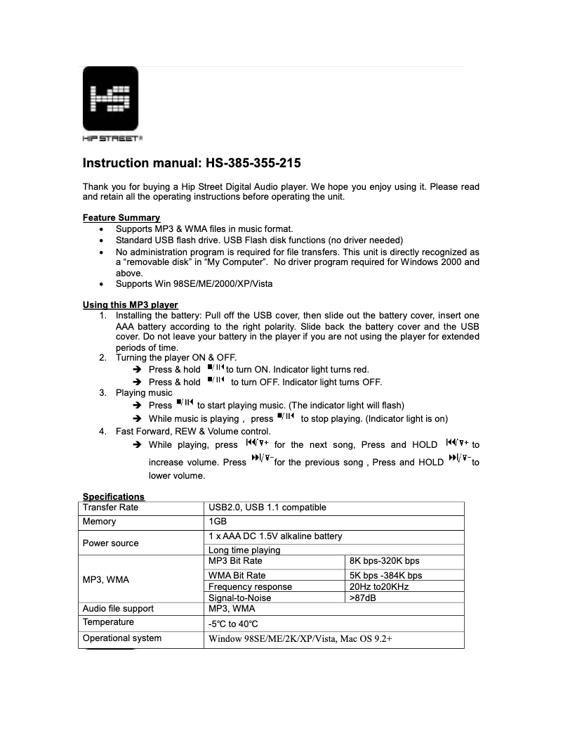 Page 1 of the manual User Manual Hipstreet HS-215