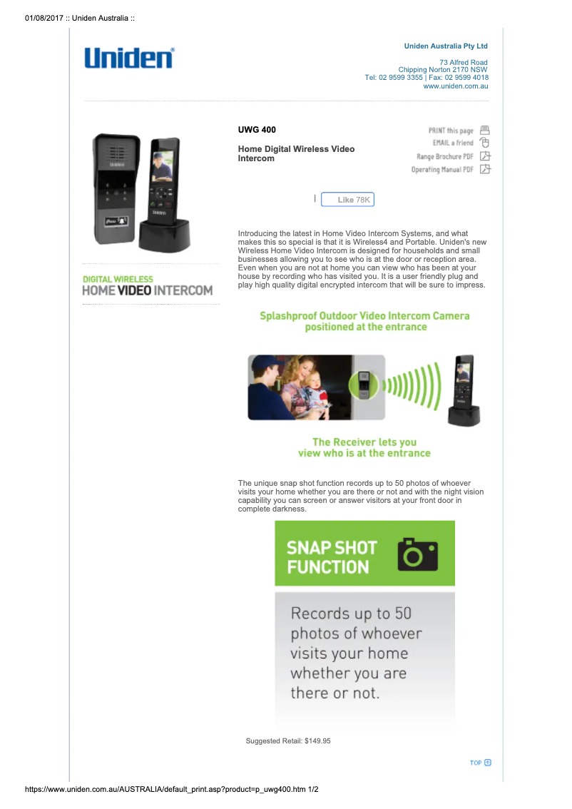 Page 1 de la notice Manuel utilisateur Uniden UWG 400