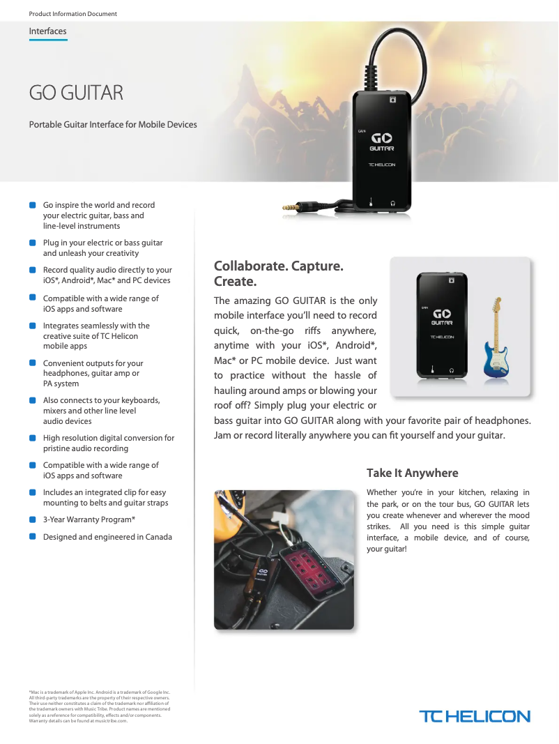 Page 1 de la notice Fiche technique TC Helicon GO Guitar