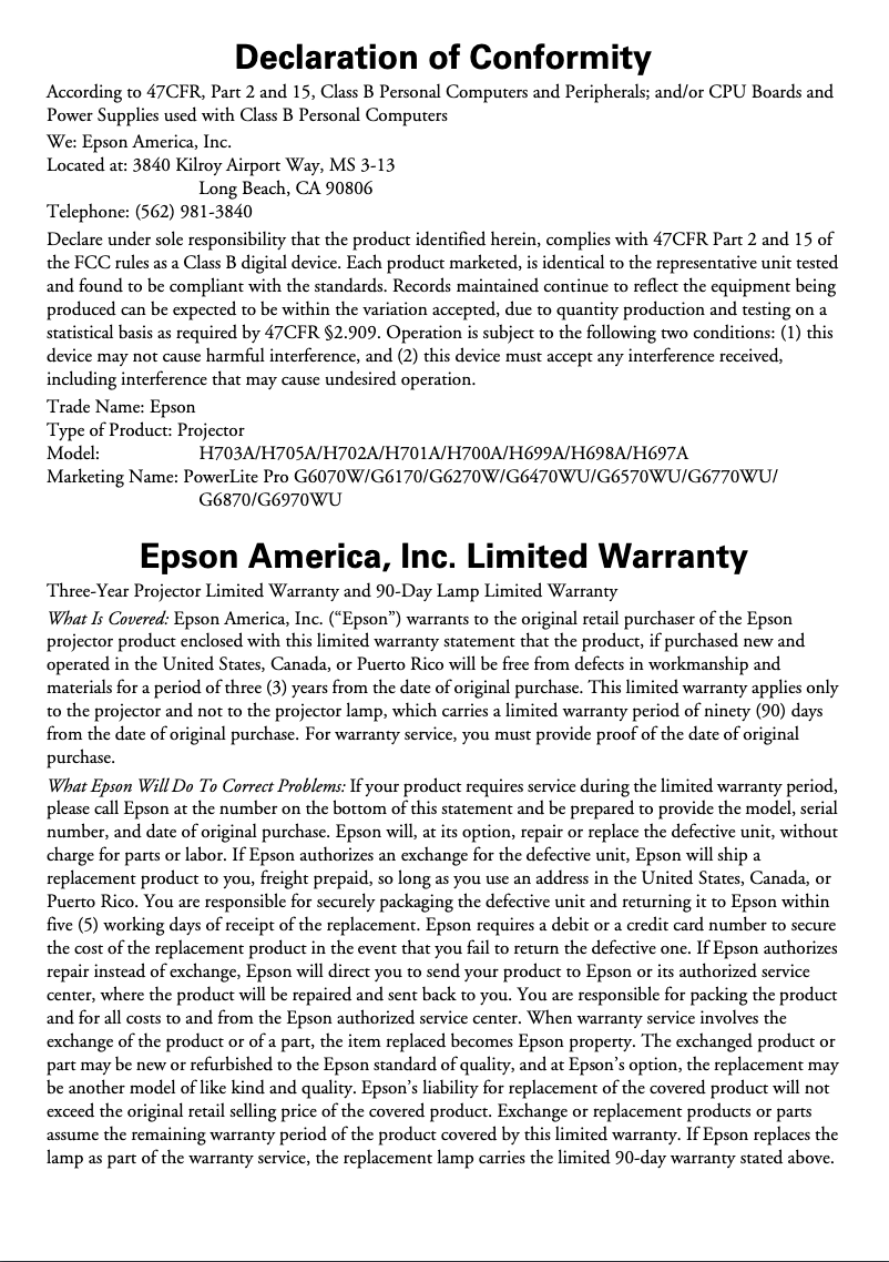 Page 1 de la notice Informations de garantie Epson PowerLite Pro G6770WU