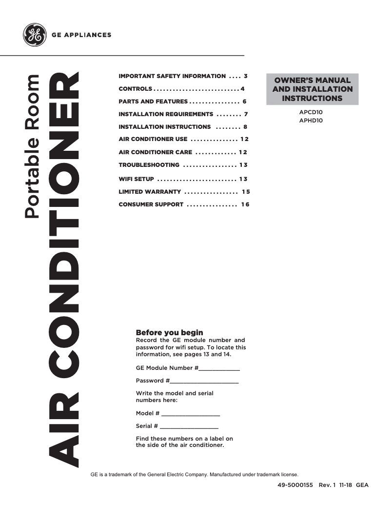 Page 1 de la notice Manuel utilisateur GE APHD10AXWB