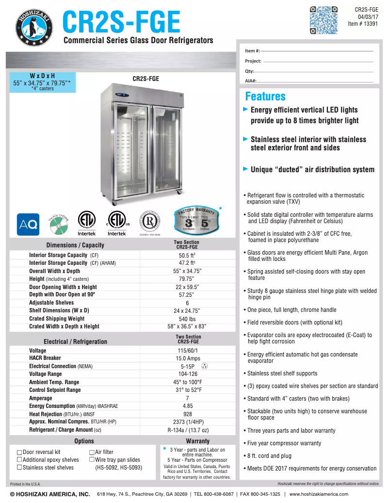 Page 1 de la notice Fiche technique Hoshizaki Commercial CR2S-FGE