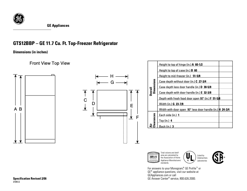 Page 1 de la notice Fiche technique GE GTS12BBPLWW
