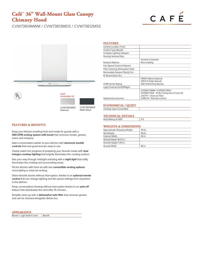 Page n°1 - Fiche technique GE CVW73613MDS