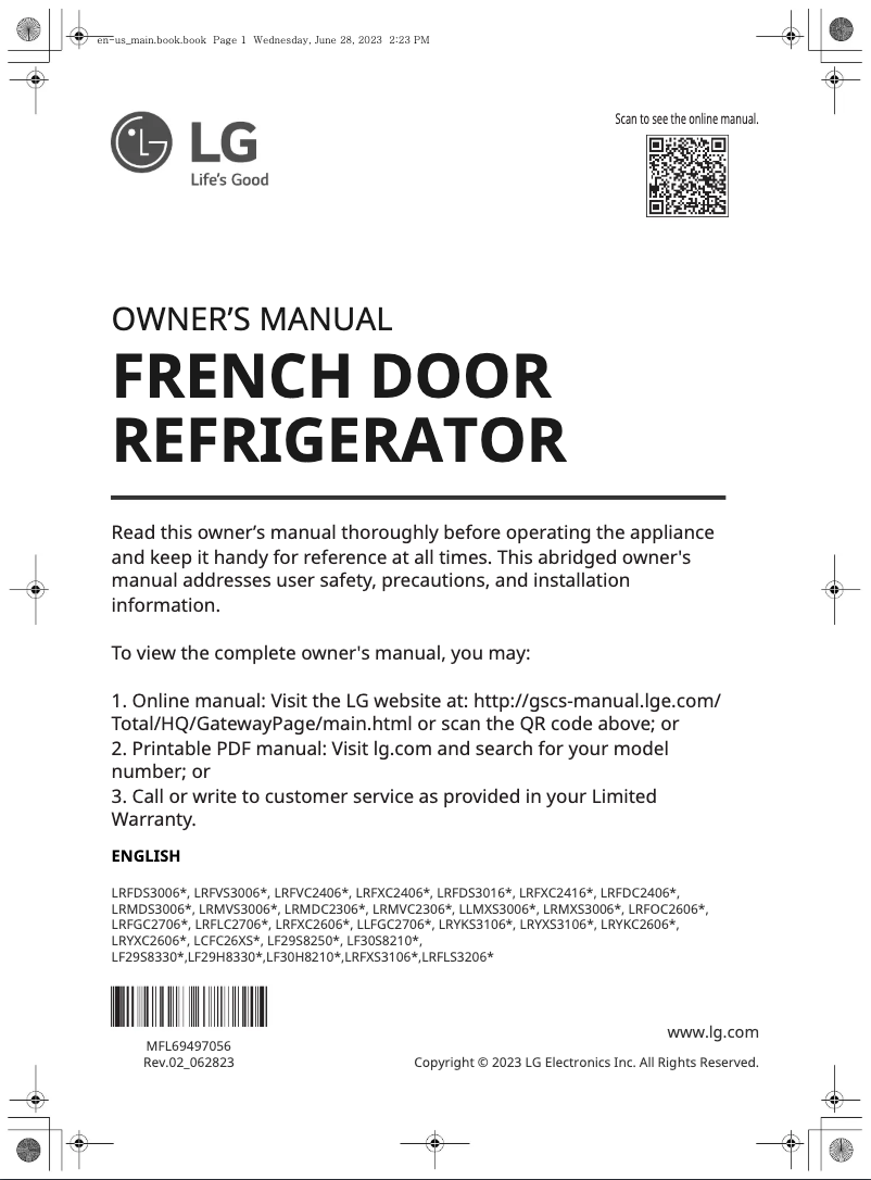 Page 1 de la notice Manuel utilisateur LG LRYXS3106S