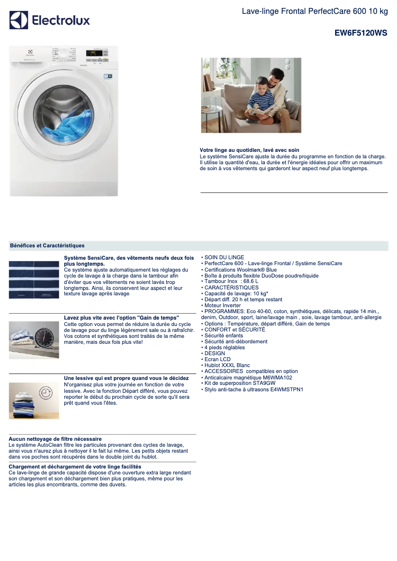 Página 1 del manual Ficha técnica Electrolux EW6F5120WS