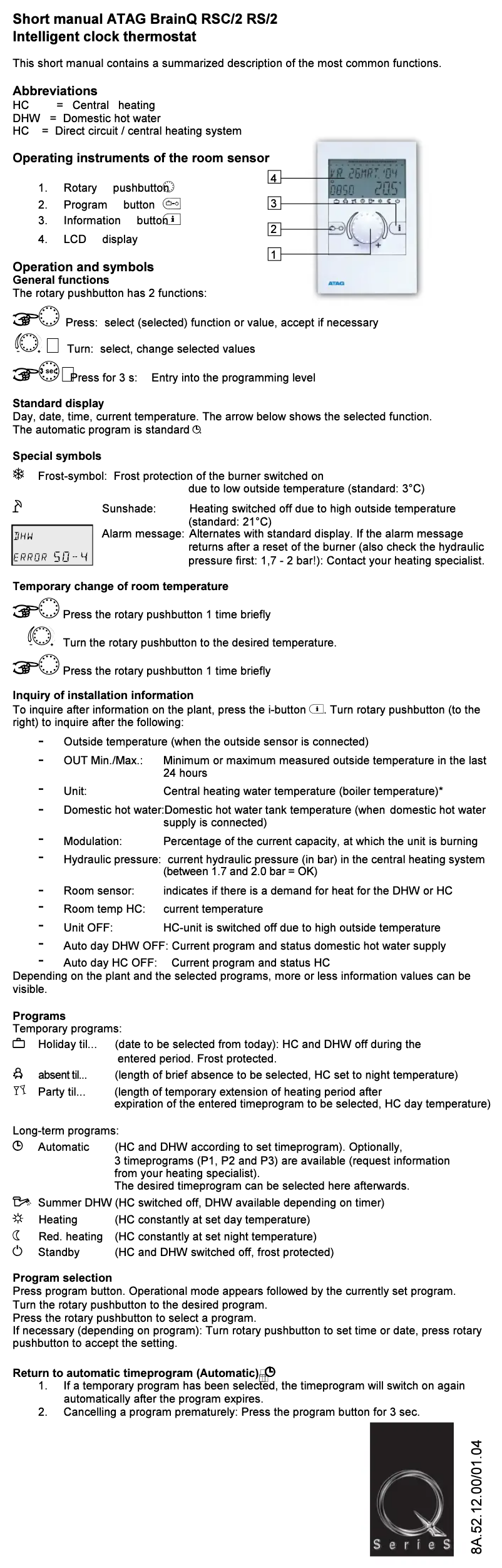 Página 1 del manual Manual de usuario Atag BrainQ RSC2