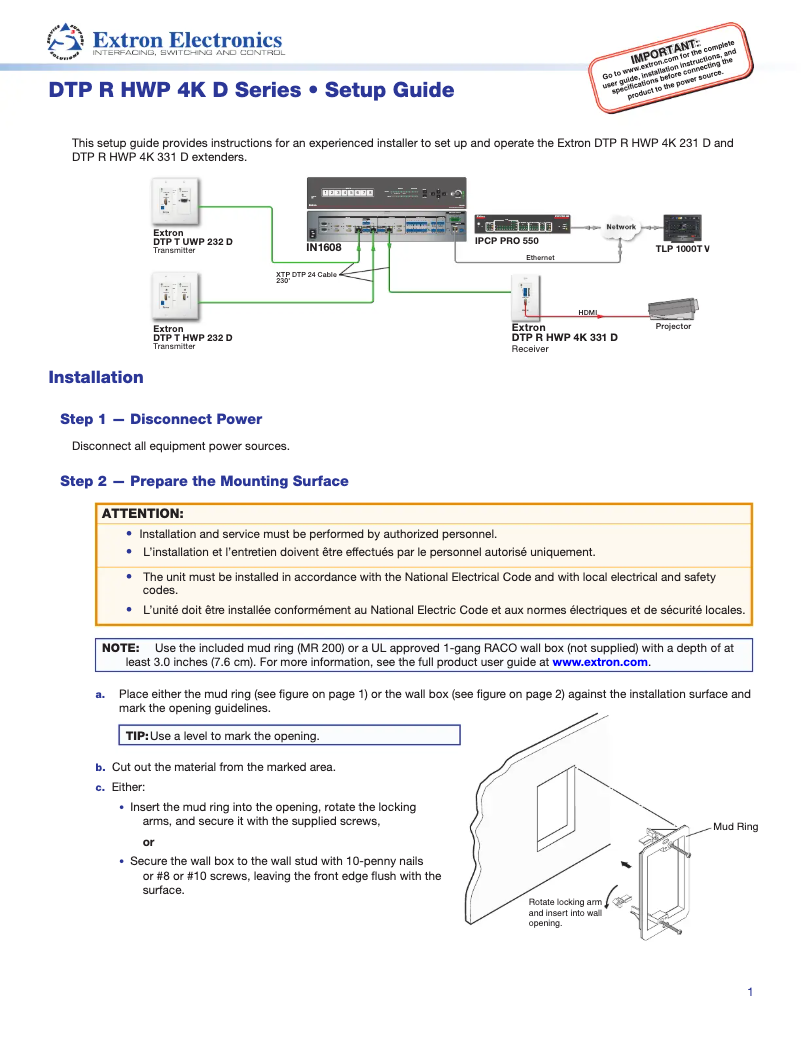 Page 1 de la notice Manuel utilisateur Extron DTP R HWP 4K 231 D
