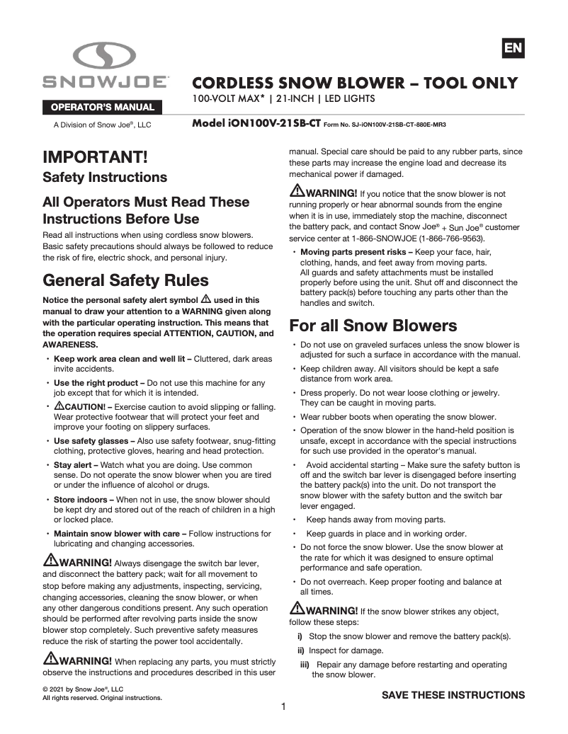 Page 1 de la notice Manuel utilisateur Snow Joe ION100V-21SB-CT