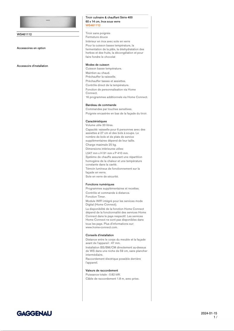 Página 1 del manual Ficha técnica Gaggenau WS461112
