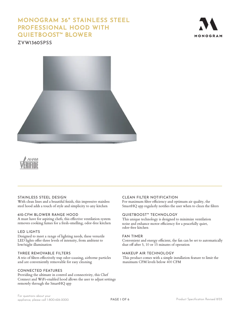 Page 1 de la notice Fiche technique Monogram ZVW1360SPSS