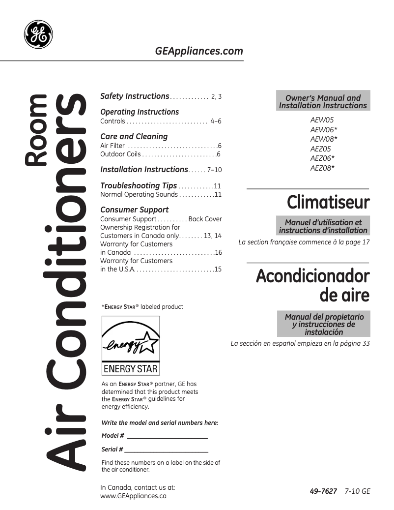 Página 1 del manual Manual de uso y mantenimiento GE AEZ06LN