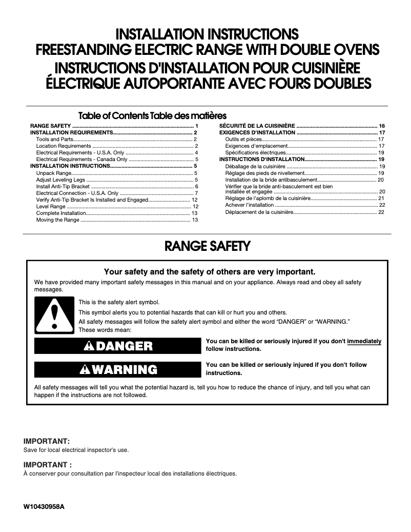 Page 1 de la notice Manuel utilisateur Whirlpool WGE555S0BW