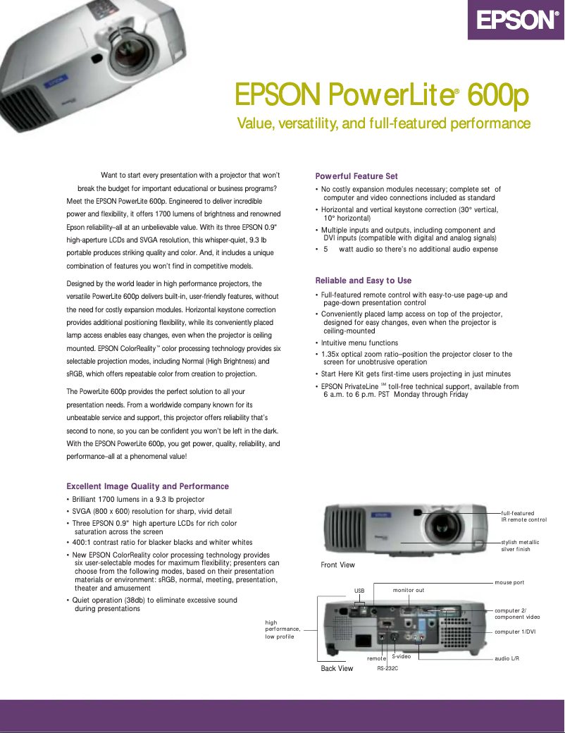 Página 1 del manual Folleto Epson PowerLite 600p