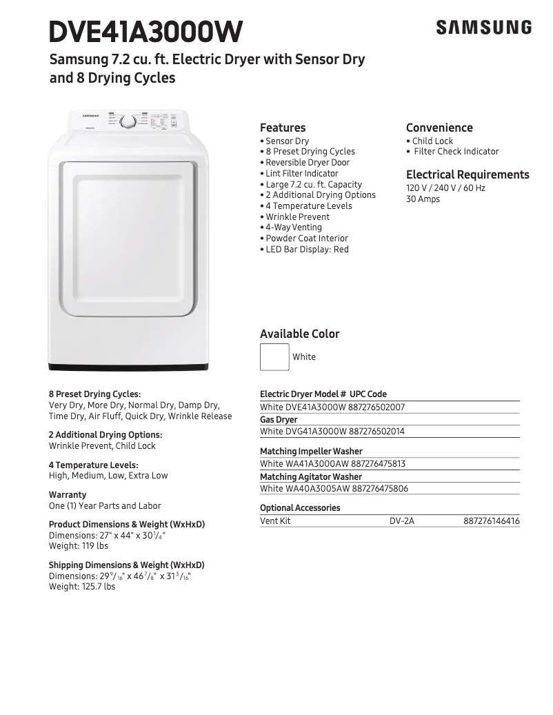 Página 1 del manual Ficha técnica Samsung DVE41A3000W