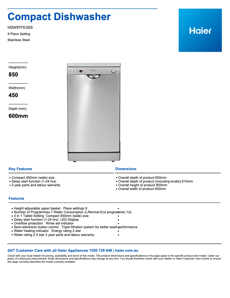 Página 1 del manual Ficha técnica Haier HDW9TFE3SS2