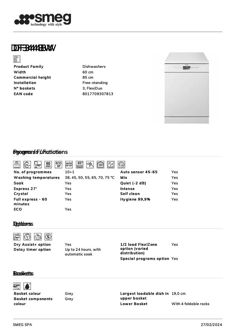Página 1 del manual Ficha técnica Smeg DF344BW
