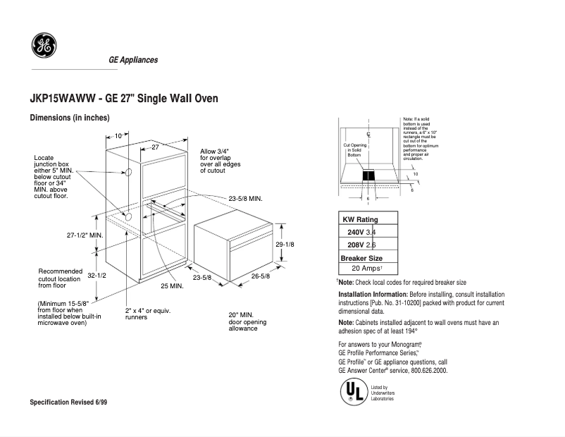 Page n°1 - Fiche technique GE JKP15WAWW