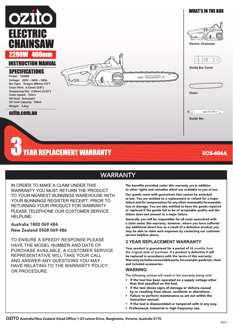 Page 1 de la notice Manuel utilisateur Ozito ECS-406A