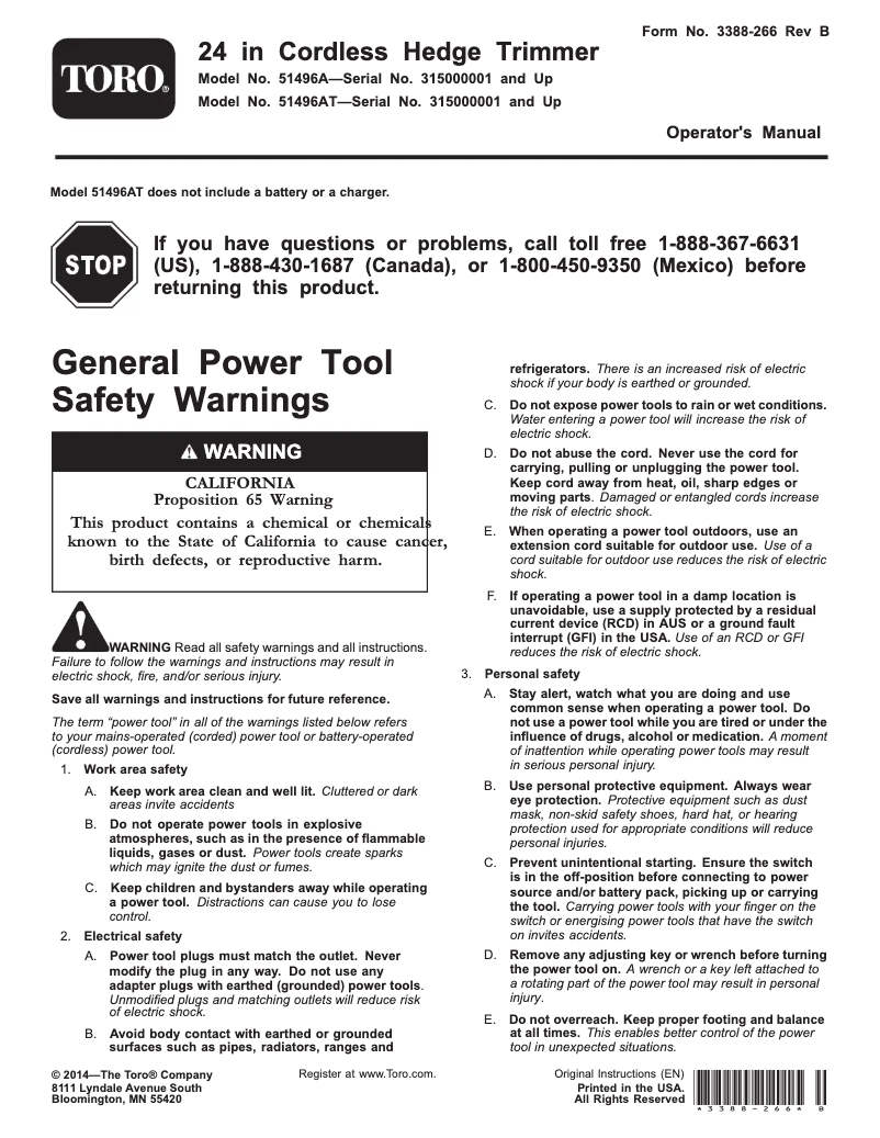Page 1 de la notice Manuel utilisateur Toro 51498T