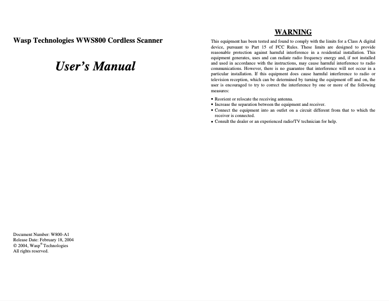 Page 1 of the manual User Manual Wasp WWS800