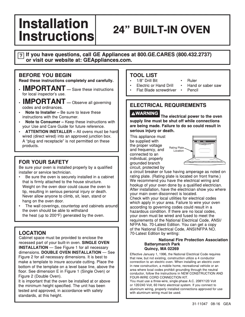 Page n°1 - Guide d'installation GE JRS06SKSS