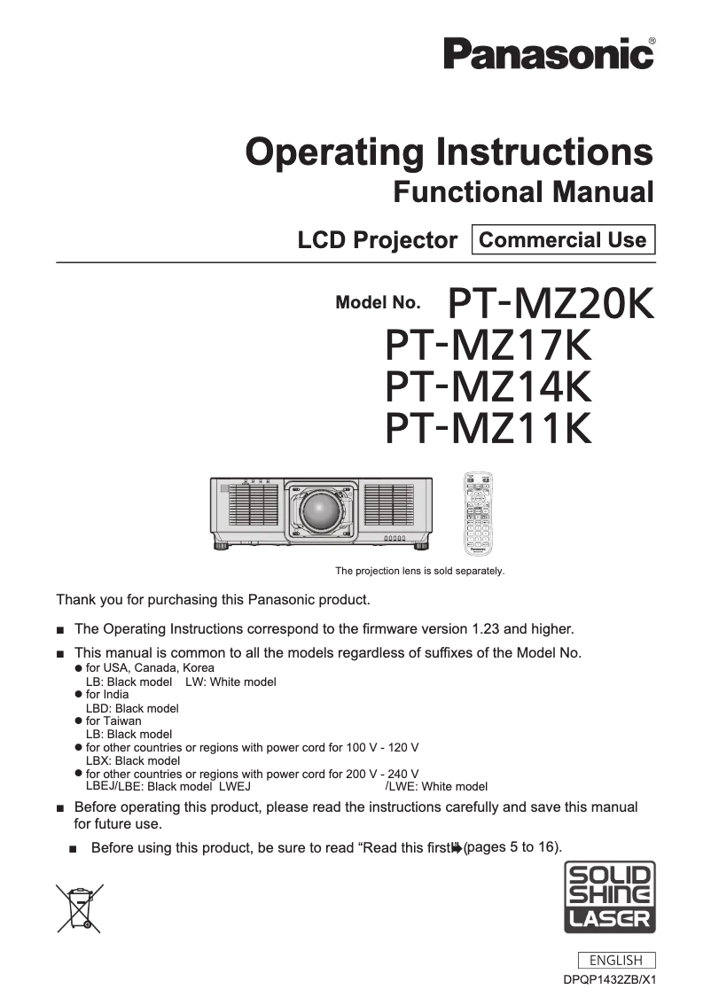 Page 1 of the manual User Manual Panasonic PT-MZ17KL