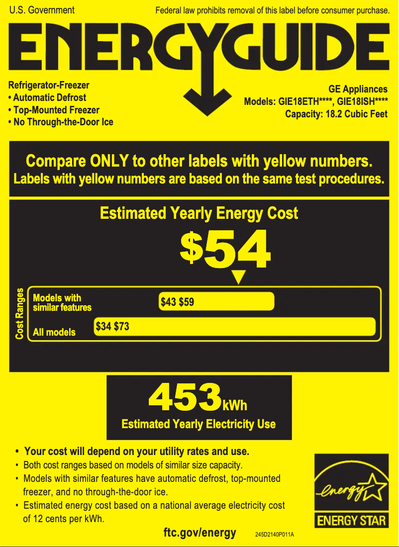 Page 1 de la notice Label énergétique GE GIE18ETHWW