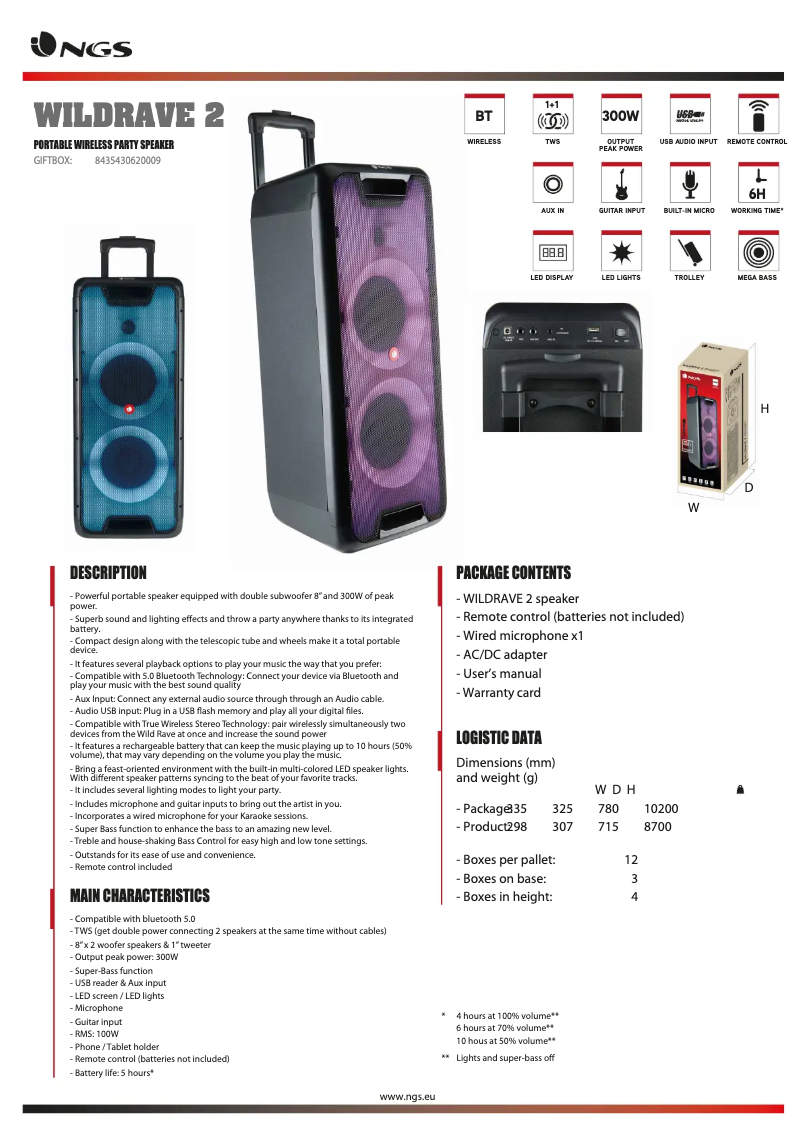 Page 1 de la notice Fiche technique NGS Wild Rave 2