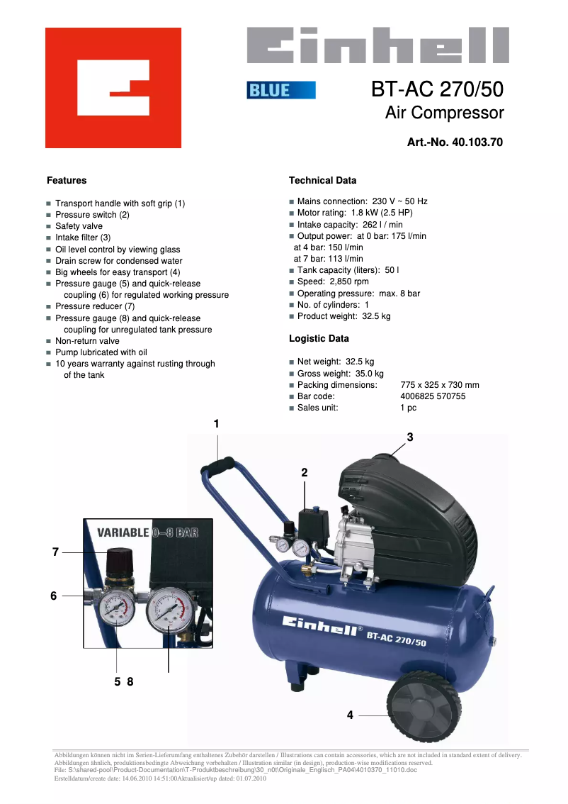 Page 1 de la notice Fiche technique Einhell BT-AC 270/50